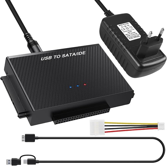 USB 3.0 to SATA IDE Adapter USB 3.0 to IDE/SATA Hard Drive Adapter for 2.5/3.5 Inch SATA & IDEHDD/SSD External Hard Drive Adapter with USB Cable and SATA Cable and 12 V/2 A Power Supply