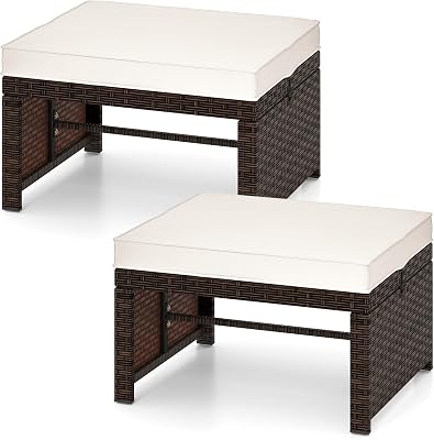 Tangkula 2 Pieces Patio PE Rattan Ottomans, Multipurpose Outdoor Footstool Footrest Additional Seating Side Table with Soft Zippered Cushions for Deck, Garden, Poolside and Yard White