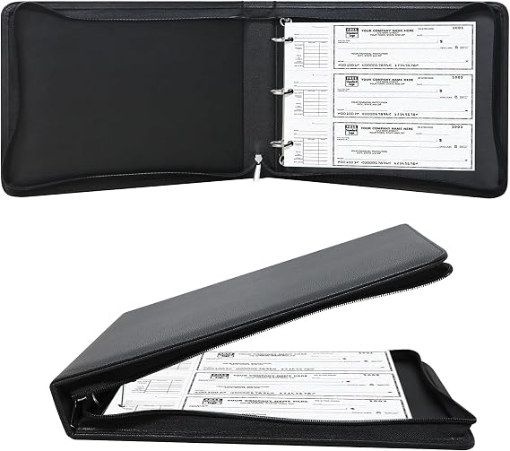 LLi Cufite 3 Rings Check Binder for End-Stub Deskbook Checks, Zipper Business Check Binder, 3 on a Page, Fit 3 & 9 Holes Check Faux Leather (9.5" x 12.6") (Black)
