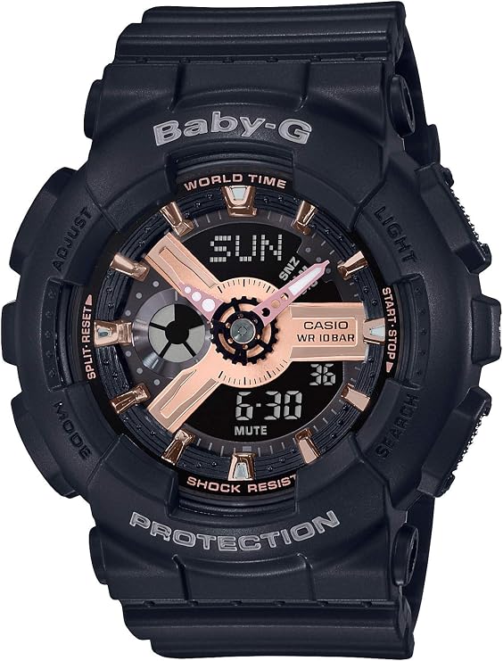 Casio BA-110 Series Baby-G Wristwatch, Black x Pink Gold, Rose Gold Metallic Design Watch