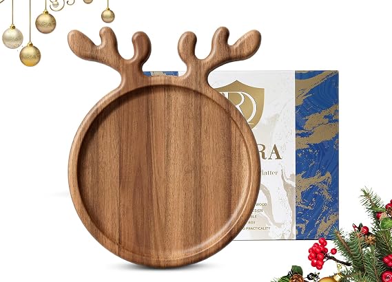 Acacia Wood Christmas Serving Platter with Antler Handle, 8"10" Round Wooden Food Dish Plate, Decorative Charcuterie Board for Cheese Bread, Christmas Platter for Housewarming, Mothers Day