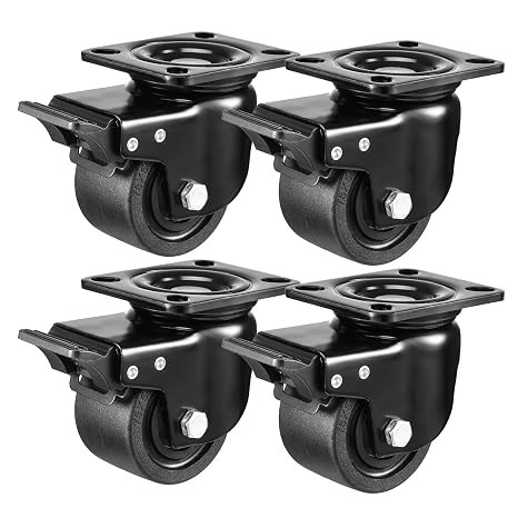 W B D WEIBIDA Low Gravity Center Caster Wheel 3-Inch Heavy Duty Set of 4 | 4400lbs Load Capacity, Black Extra Width Plate Swivel Castor with Brake, Durable & Quiet & Sturdy Nylon Wheel for Industrial