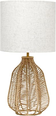 Elegant Designs LT2106-NAT 21 Tall Boho Coastal Inspired Rustic Paper Rope Rattan Wicker Look Standard Table Desk Nightstand Lamp with Light Beige Fabric Linen Shade, Natural
