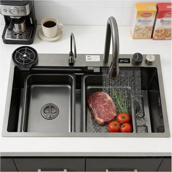 68 x 45 cm Multifunctional Stainless Steel Kitchen Sink - Single Bowl with Waterfall Nano Coating and 3-in-1 Pull-Out Tap, Deep Bowl with Chopping Board, Cup Sink