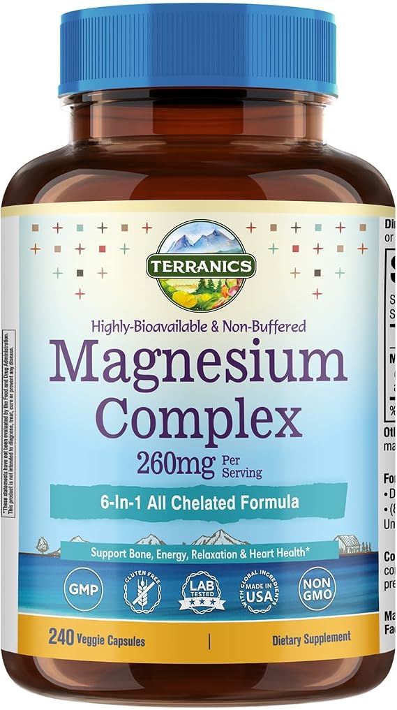 Terranics Magnesium Complex, 6-in-1, High Absorption, Glycinate, Citrate, Aspartate, Gluconate, Calmness, Heart, Bone, 240 Capsules, Non-Buffered