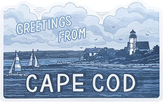 Noteworthy Cape Cod Scenic Postcard, Greetings from Cape Cod Massachusetts, Sandy Neck Lighthouse Sailboat, Single Die Cut Letterpress Postcard, Made in USA