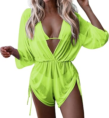 Generic 3 Piece Swimsuits for Women,2024 Summer Sexy Halter Lace Up Triangle Bikini Set,Trendy Drawstring Cover Up Romper