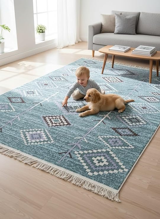 Kilim Çift Taraflı Kullanılabilir Makinede Yıkanabilir dokuma Kilim Açık Yeşil-Krem (80 * 150 cm)