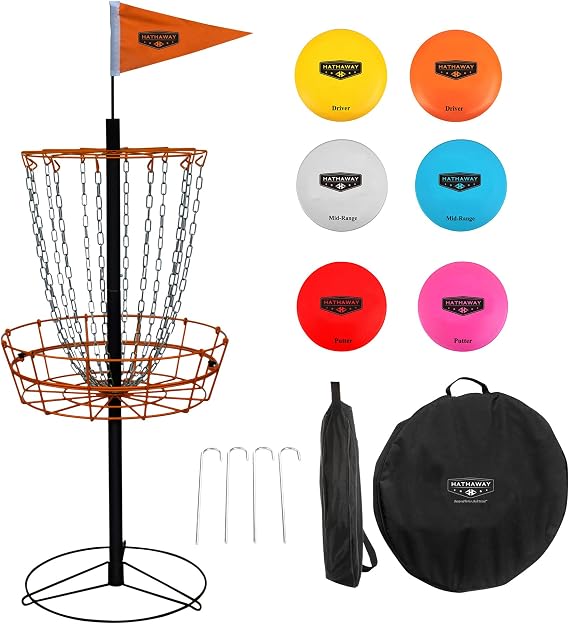 Hathaway 6-Player Disc Golf Set for Family Frisbee Golf Basket with Weighted Discs, Sturdy Pole & Base, Chains, Anchors, Flag, Carry Bag Complete Frisbee Golf Discs Set