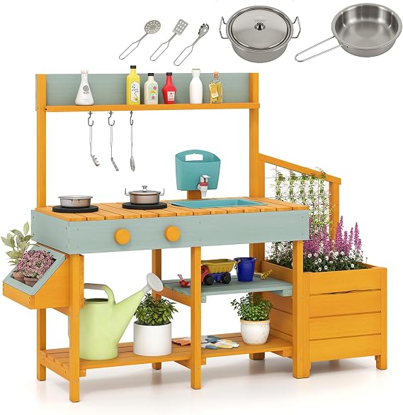 HOMASIS Mud Kitchen Children's Outdoor Children's Kitchen with Water Tank Sink Stove Wooden Garden Kitchen with Planter Trellis & Accessories Play Kitchen with Hook & Shelf for from 3 Years (Yellow + Light Green)