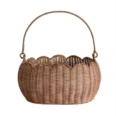 Scalloped Round Basket with Handle, Super Sturdy Wicker Storage Baskets, Hand Woven Basket for Shelves,Natural Baskets for Organizing Rattan12.6  9  6.1