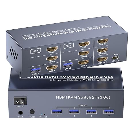 8K@60Hz HDMI KVM Switch 3 Monitors 2 Computers, 4K@120Hz USB 3.0 Three Monitor HDMI KVM Switch for 2 PC Management, Sharing 1 Set of Keyboard, Mouse, 3 Monitors and 4 USB 3.0 Ports