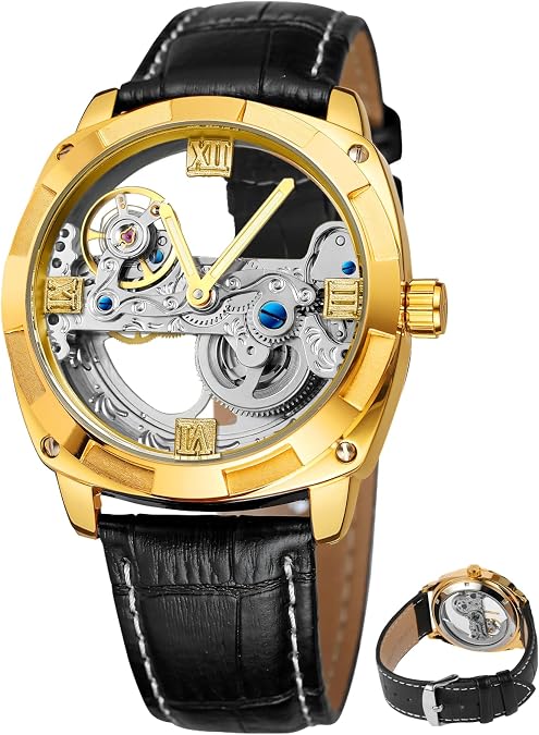 Classic Design Fashion Automatic Mechanical Skeleton Watches for Men Genuine Leather Strap Waterproof Luminous Business Wrist Watch