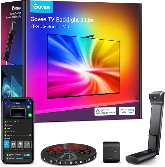 Govee TV Backlight 3 Lite with Fish-Eye Correction Function | 3.6m RGBICW Wi-Fi TV LED Backlight for 55-65 Inch TVs with Camera, 4 Colours in 1 Lamp Bead, Voice and APP Control, Adapter