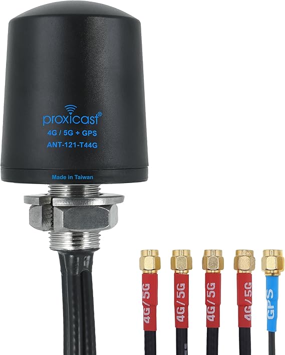 Proxicast 5-in-1 4x4 MIMO 4G / 5G + GPS Antenna - Low Profile Vandal Resistant IP67 Through Hole Mount - 6ft Coax - Black - Compatible with Cradlepoint, Digi, Peplink, Sierra (ANT-121-T44G-B-06)