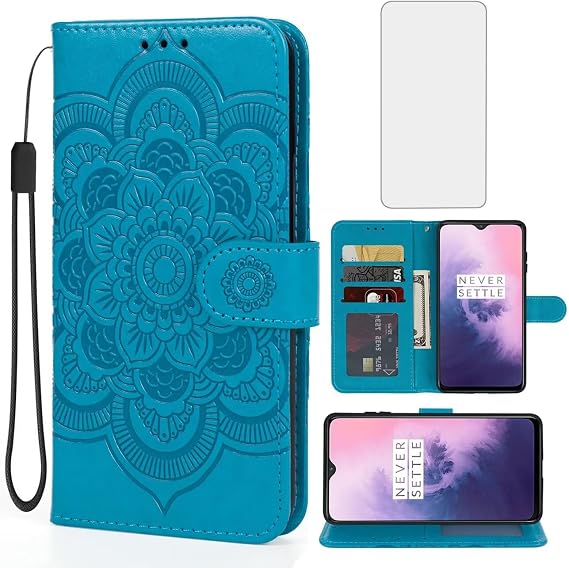 Case for OnePlus 6T Case, OnePlus 7 A6013 GM1901 Wallet Case with Tempered Glass Screen Protector, Mandala Leather Flip Credit Card Holder Stand Phone Cover Cases for OnePlus 6T Blue