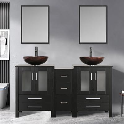 60 Black Bathroom Vanity,Double Vanity,Round Glass Vessel Basin Sink,ORB Faucet,Drain Parts,Bathroom Vanity Top Glass Sink Bowl Set,Vanity Pedestal Include,Mirror Not Included A09 Vessel Set