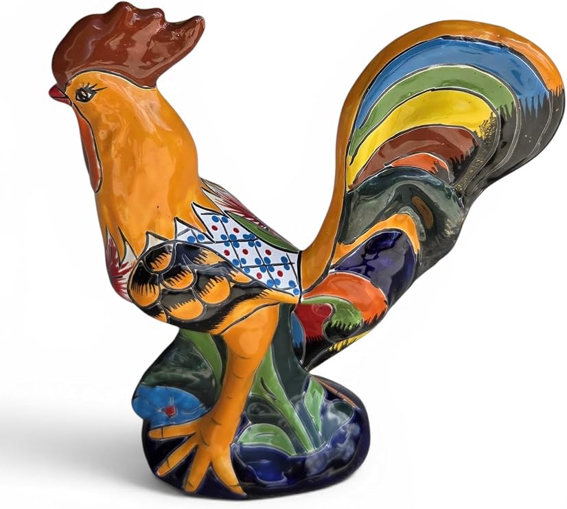Hand Painted Chicken Indoor Outdoor Rooster Multi Colored Figure Glazed Puebla