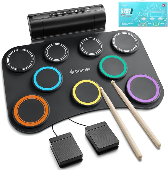 Donner Electric Drum Pad, 9 Pads Electronic Drum Set Roll Up Quiet Drum Built-in Speaker, 40 Lessons Included, Kids Holiday & Birthday Instrument Toys DED-20(SE)