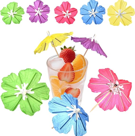 Haundry Cocktail Umbrella Picks, 25-Pack Drink Umbrella Toothpicks, Colorful Paper Cupcake Toppers for Luau Party Sandwich Fruit, Wooden Hibiscus Picks for Tropical Hawaiian Tiki Party Decoration