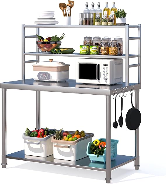 Stainless Steel Table with Shelves, 48x24 NSF Kitchen Prep Table | Commercial Worktable, Kitchen Island, Hooks & Wheel, Heavy Duty Countertop