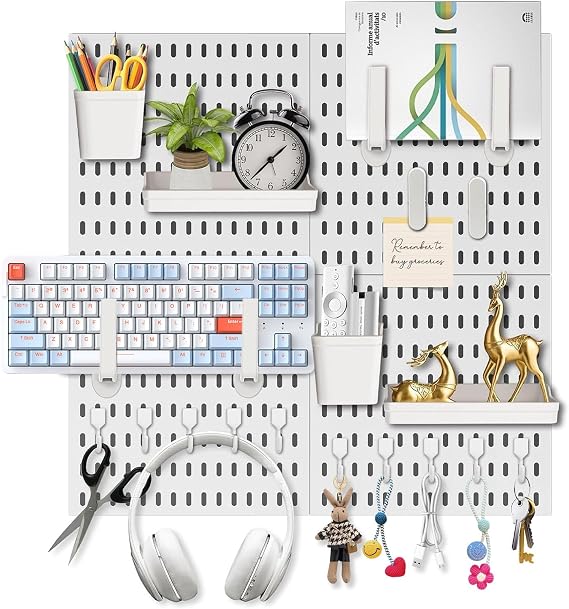 Pegboard Combination Kit, Wall Organiser with 4 Tiles 30x30cm Pegboards with 2 Partition + 12 Hook Accessories for Room Storage, Crafts Organization, Ornaments Display, Peg Board (White)