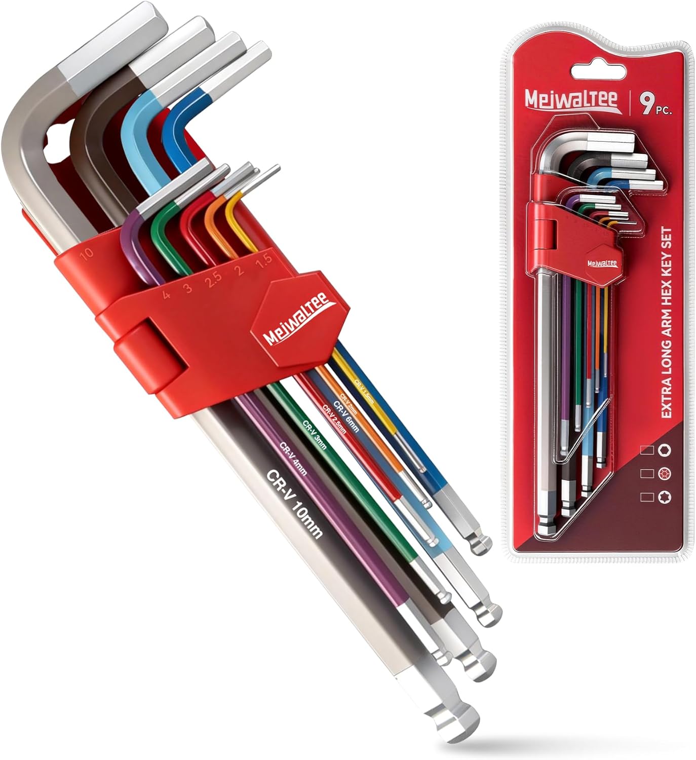 Meiwaltee 9PCS Extra Long Arm Allen Wrenches Set, Metric Ball End Hex Key Set (1.5mm-10mm), Color-Coded Anti-Slip Wrenches for Bike Repair, Furniture Assembly, Motorcycle Maintenance, DIY Project