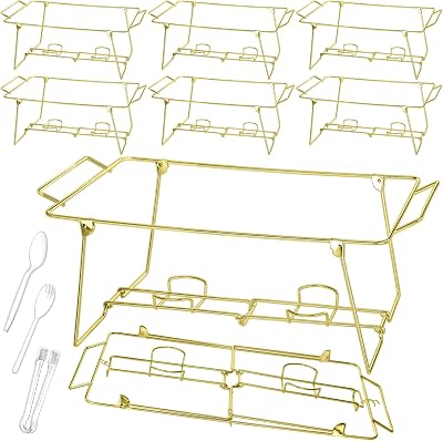Geosar 32 Pack Wire Buffet Rack Stand Folding Chafing Stand Chrome Frame Serving Trays Food Warmer with Plastic Tongs Forks and Spoons for Christmas Thanksgiving Home Party Catering SuppliesGold