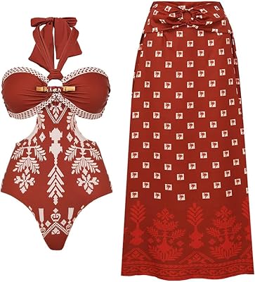 FLAXMAKER Retro Halter O Ring Decoration Printed Cut Out Ethnic Style One Piece Swimsuit and Skirt