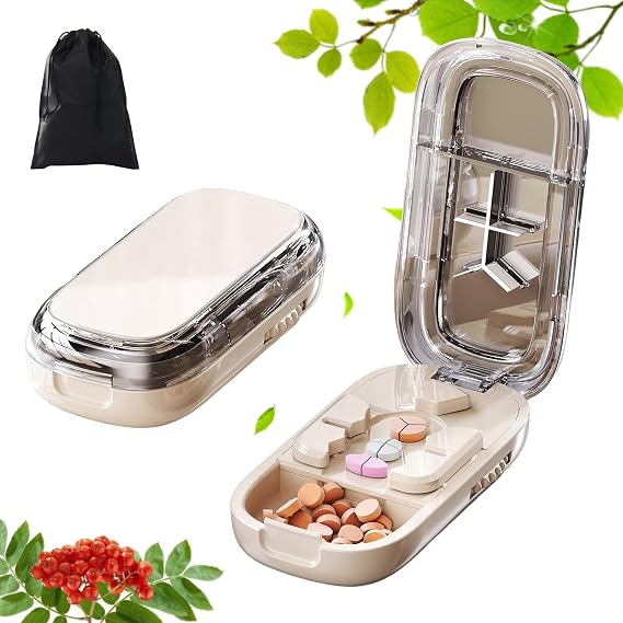Portable Pill Cutter, Pill Cutter Splitter for Small and Tiny Pills, 1/2 1/3 1/4 Adjustable Pills Splitter with Stainless Steel and Centering Guide Tablet, Easy to Use (Beige)