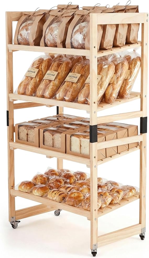 AceOrbit 55" x 30" x 18" 4 Tier Wood Bakery Bread Rack with Angled Shelves Bread Fruit Vegetable Display Shelf Stand for Shop, Pantry, Office, Grocery, Supermarket, Kitchen Organizer