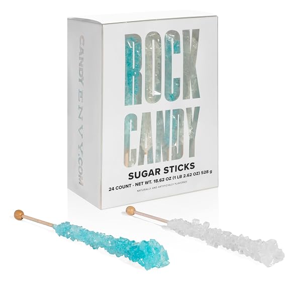 Candy Envy - Light Blue and White Rock Candy Sugar Sticks - 24 Indiv. Wrapped - Cotton Candy & Original Sugar Flavored