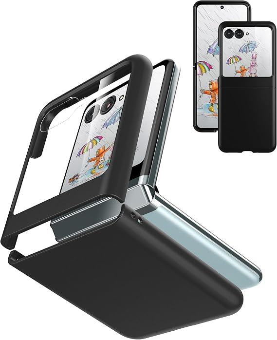 Cresee Case for Motorola Razr Plus 2023 With External Screen Protector - Thin Hard PC Cover Phone Case for Moto Razr+ 2023 - Black+Glass