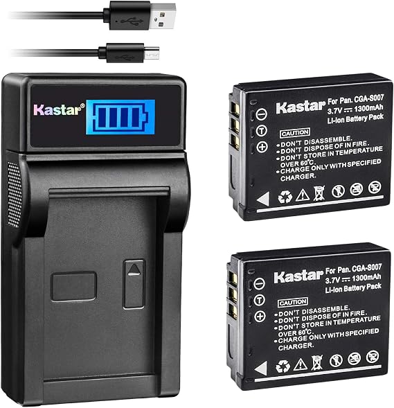 Kastar Battery (X2) & Slim LCD Charger Replacement for Panasonic CGA-S007, CGA-S007A, CGR-S007, CGAS007 and Panasonic DMC-TZ1 DMC-TZ2 DMC-TZ3 DMC-TZ4 DMC-TZ5 DMC-TZ11 DMC-TZ15 DMC-TZ50 Digital Camera