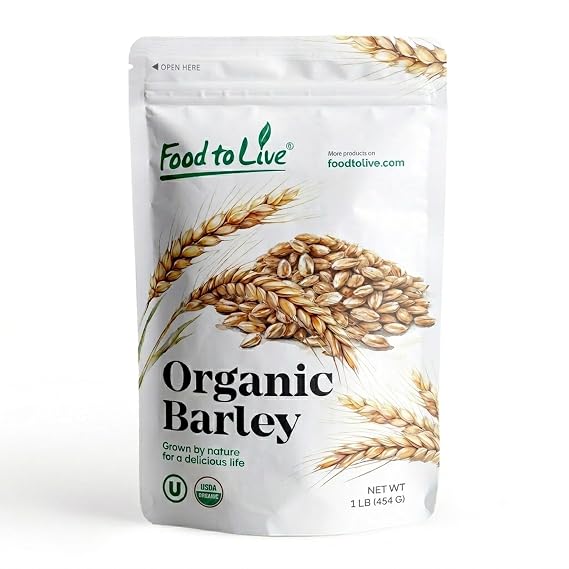 Food to Live Organic Whole Unhulled Barley, 1 Pound - Premium Quality Seeds with Husk Intact. 100% Natural, High in Fiber. Kosher Grain.