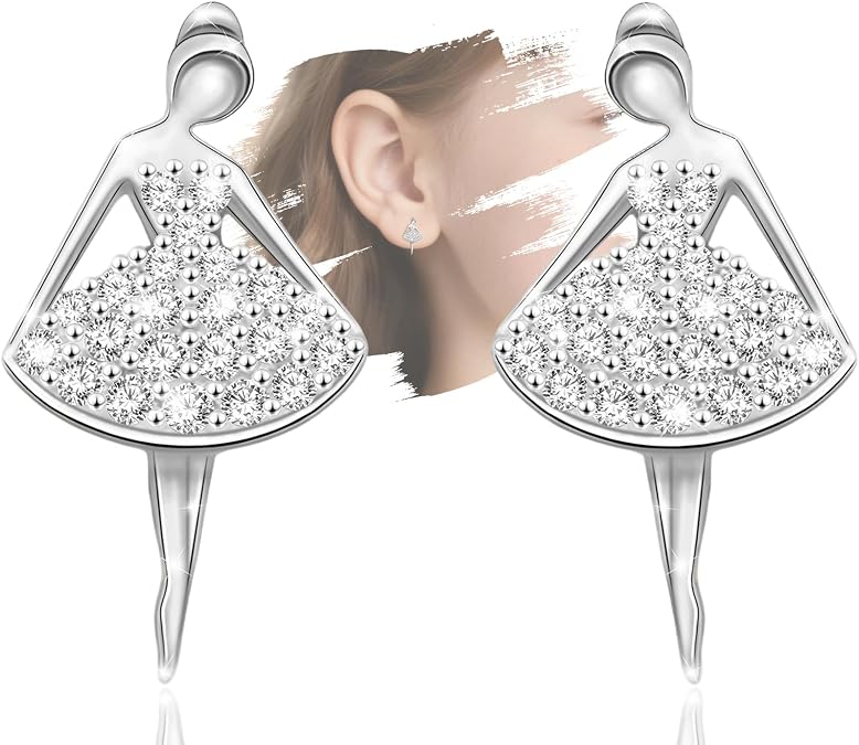 Ballerina Ballet Gifts,Sterling Silver Stud Earrings for Teens Women,Sparkle Cubic Zirconia Post Earrings,Hypoallergenic Lightweight Ballet Dance Earring,Dancer Recital Gift for Daughter Granddaughter