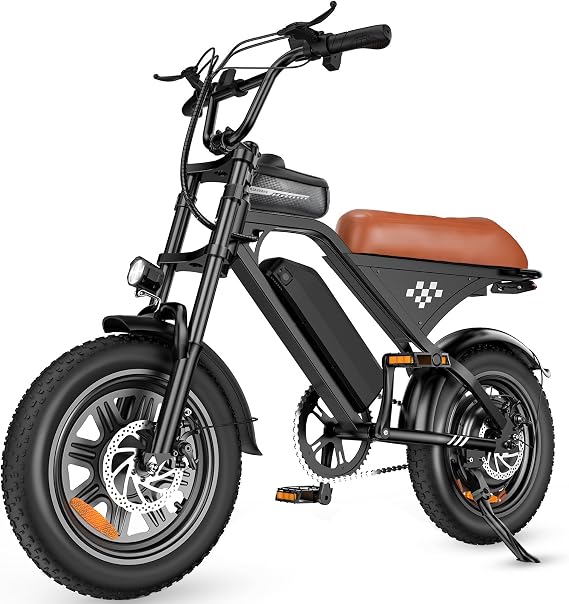 Electric Bike, 16" Fat Tire 1000W Peak Motor Retro Electric Dirt Bike for Adults 55 Miles Pas Range, 20MPH Full Suspension Banana Seat Ebikes with Pump, Frame Bag for Teens