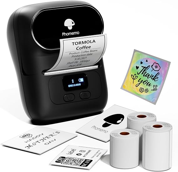 Phomemo M110 Label Maker with 3 Tapes, Bluetooth Portable Thermal Printer | APP with 6000+ Templates, 2 Inch Label Printer Easy to Use for Small Business, Home, School, Office, Organization, Black