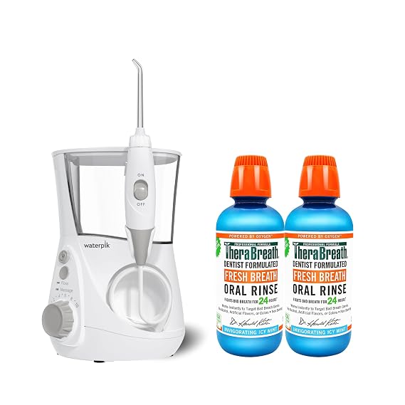 Waterpik Aquarius Water Flosser Professional With 7 Flossing Tips & TheraBreath Fresh Breath Dentist Formulated Oral Rinse, ICY Mint, 16 Ounce (Pack of 2)