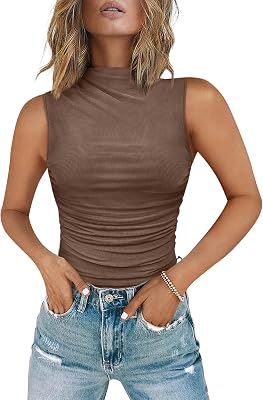 Chunpin Womens Mock Neck Mesh Sleeveless Bodysuit Ruched Going Out Tops Thong Outfits