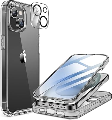 Miracase for iPhone 15 Case Clear Full-Body Built-in Glass Screen Protector &Camera Protector, Military Drop Proof 15 Phone Case 360 Degree Shockproof Protective Cover Bumper 6.1 inch, Clear Black
