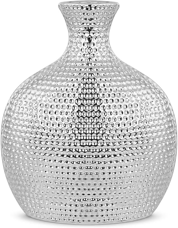 Torre & Tagus Hammered Ceramic Bottle Vase, Tall, Silver