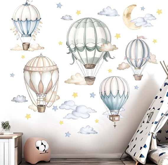 Balloon Wall Stickers for Baby: Infant Room Decor with Cute Hot Air Balloon Design Peel and Stick Wall Decals for Nursery and Kids Room Ages 0-12 Years