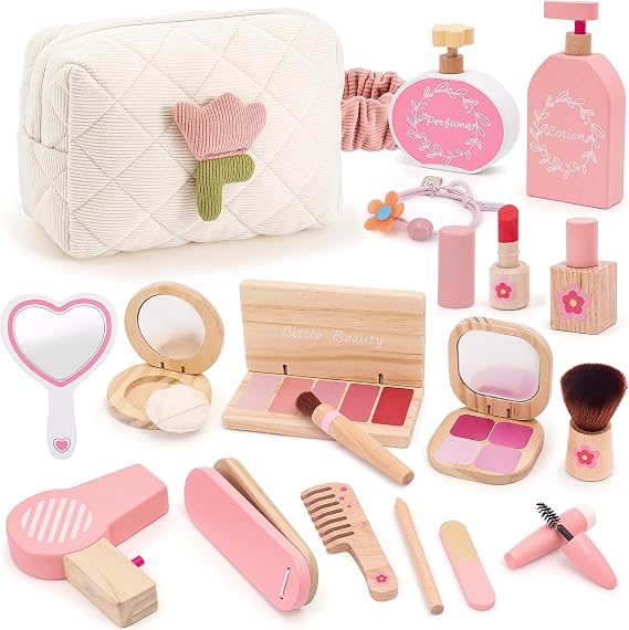 Wooden Makeup Toy Set for Girls Pretend Play Makeup Kit for Toddlers 3-5 with Bag, Birthday Gifts for Girls Toys Kids Aged 3 4 5 6 7 8