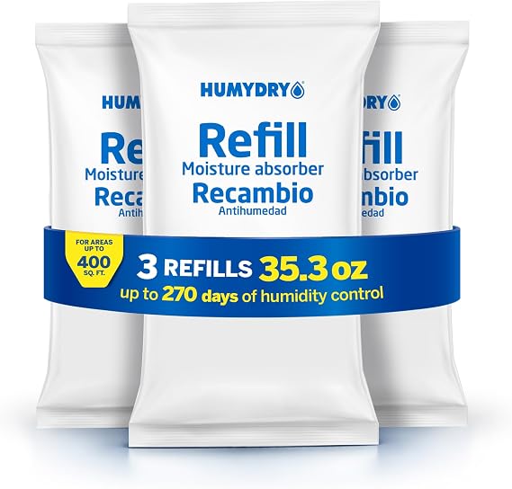 HUMYDRY Moisture Absorber Refills for 35.3oz Dehumidifier, Unscented 3-Pack | Up to 400 sq ft, Up to 270 Days Humidity Control, Fights Summer Humidity, Non Electric for Closets, Large Sized Room Refills
