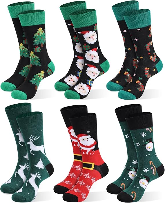 Christmas Socks For Men, 6 Pack Mens Christmas Socks, Xmas Crew Socks US Size 6-13
