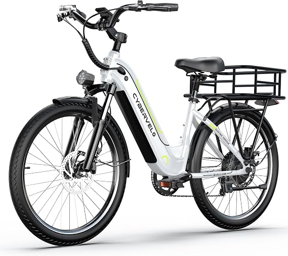 CBVELO Ebikes for Adults,80 Miles Max Range Removable Battery Ebike,26" Electric Bike for Adults Adult Electric Bike for Commute(EK7-White-With Basket)