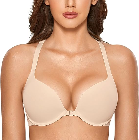 DOBREVA Women's Push Up Bra Front Closure Racerback | Lace Back, Padded, Plunge, Tshirt, Cleavage, Sexy, Date, Soft, Everyday, Supportive