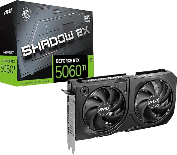 MSI GeForce RTX 5060 Ti 16G SHADOW 2X OC PLUS Graphics Card - RTX 5060 Ti GPU, 16GB GDDR7 (28Gbps/128-bit), PCIe 5.0 - Dual-Fan Thermal Design (2 x STORMFORCE FAN) - HDMI 2.1b, DisplayPort 2.1b