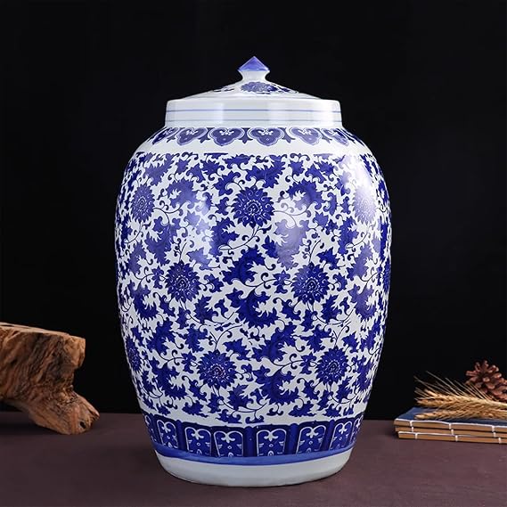 Ceramic Rice bucket Food Storage Container 10KG Ceramic Grain Storage Bin Classic Rice dispenser Grain bucket Organization Household Rice Storage Box with Lid for tea A 10KG